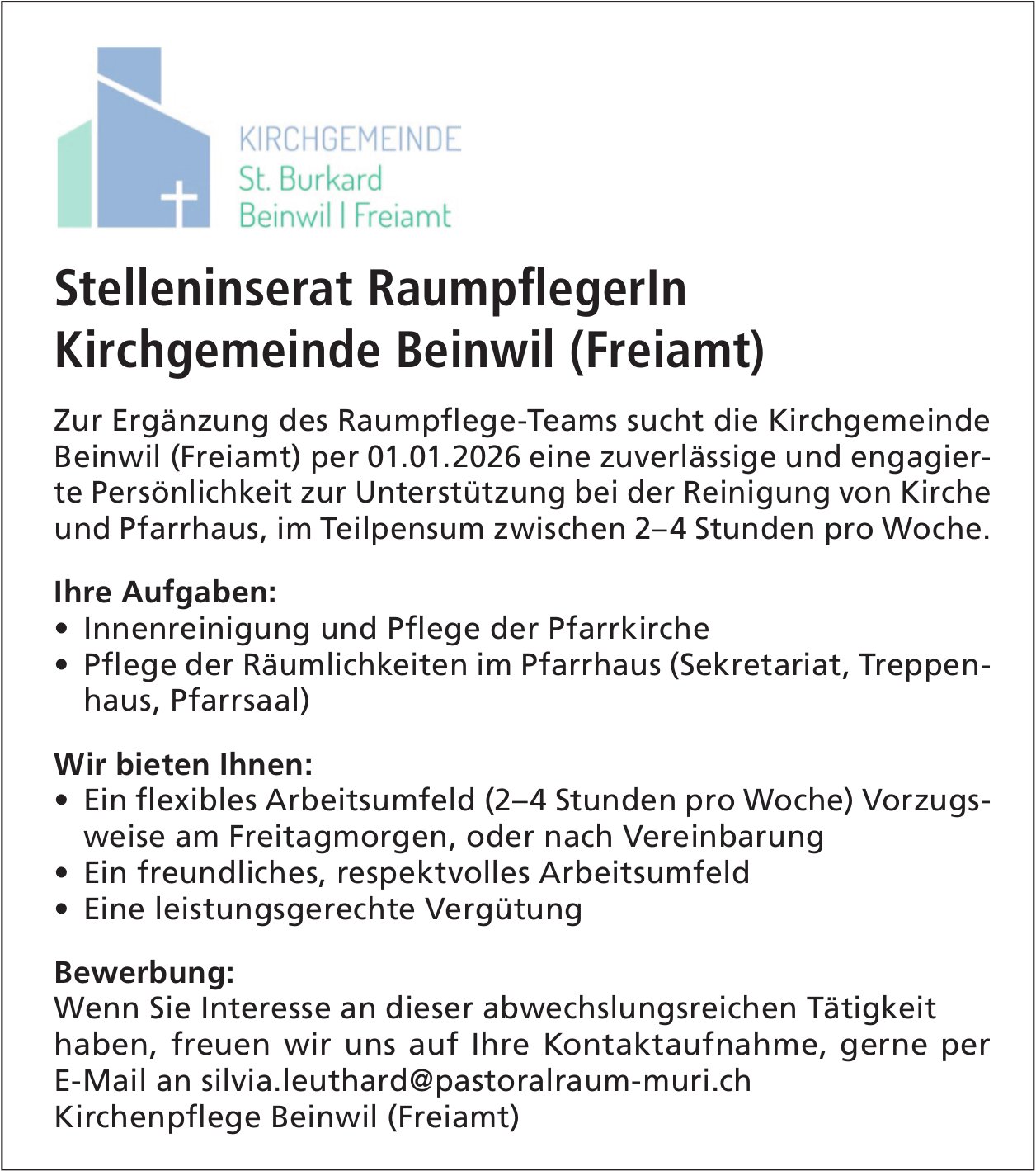 RaumpflegerIn, Kirchgemeinde Beinwil (Freiamt), gesucht