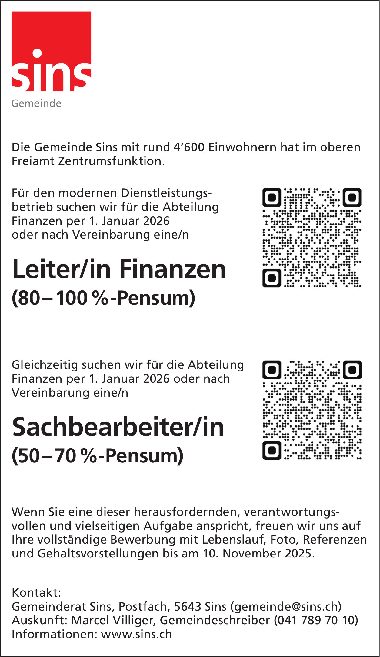 Leiter/in Finanzen 80-100% und Sachbearbeiter/in 50-70%, Gemeinde, Sins, gesucht