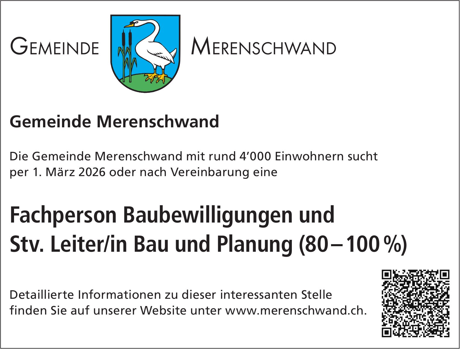 Fachperson Baubewilligungen und Stv. Leiter/in Bau und Planung (80-100%), Gemeinde, Merenschwand, gesucht