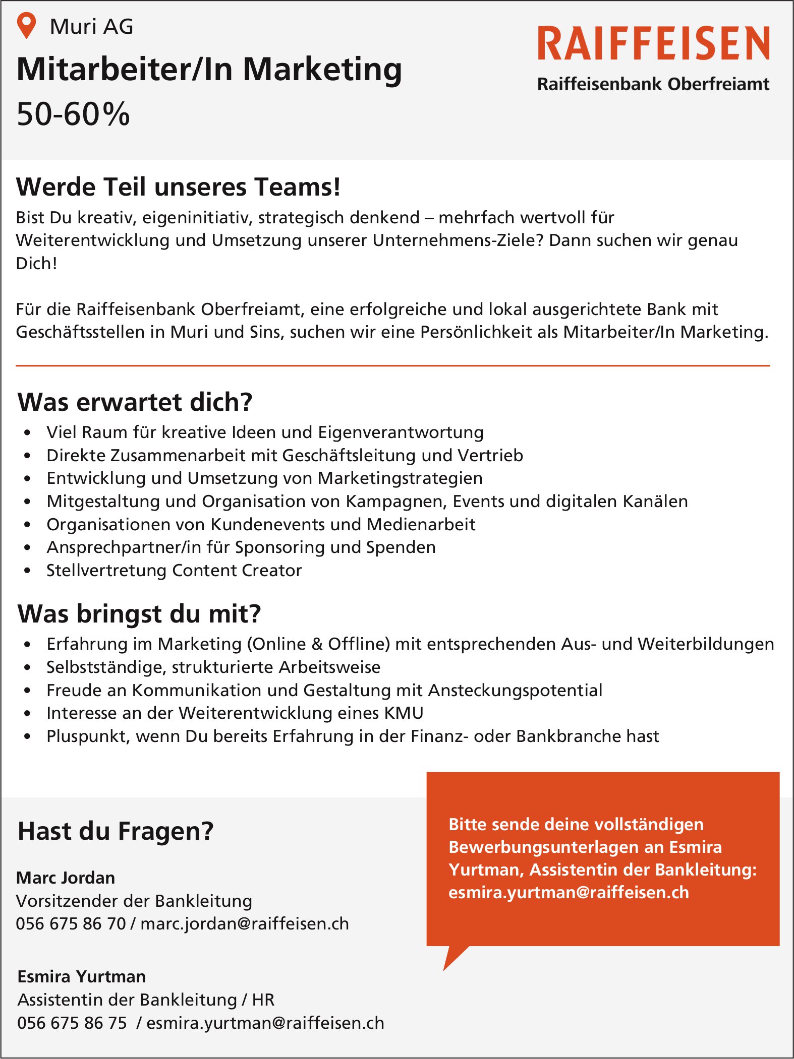 Mitarbeiter/In Marketing 50-60%, Raiffeisen, Muri, gesucht