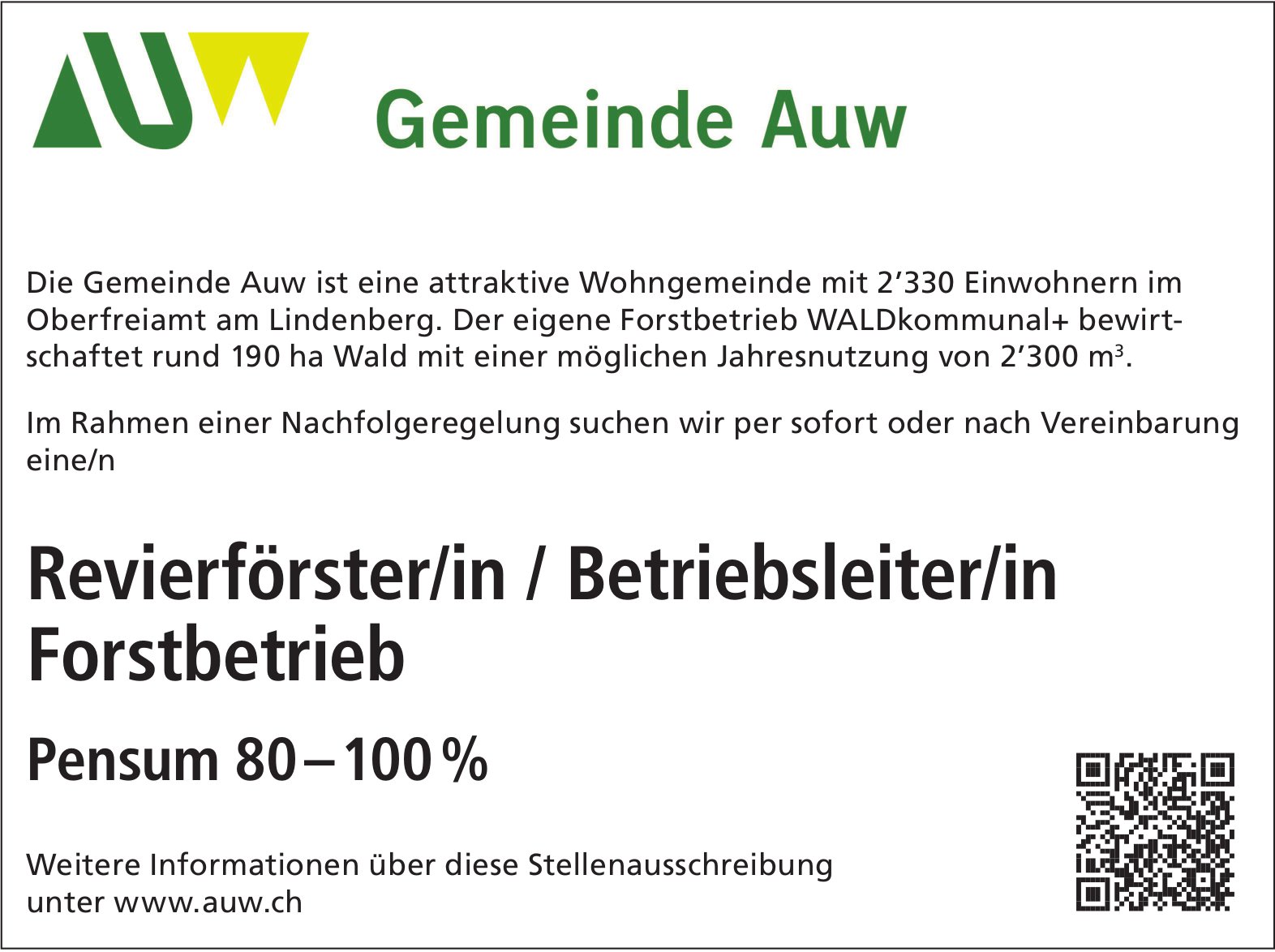 Revierförster/in / Betriebsleiter/in Forstbetrieb 80-100%, Gemeinde, Auw, gesucht