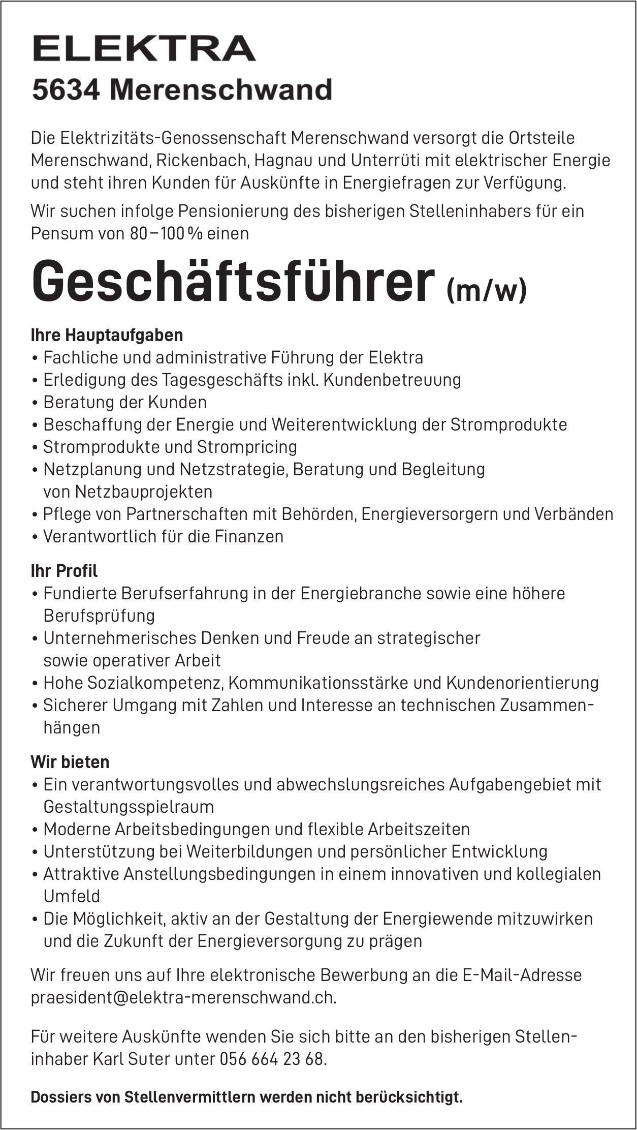 Geschäftsführer (m/w), Elektra, Merenschwand, gesucht