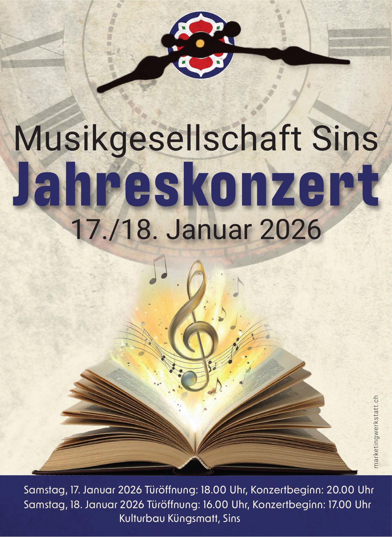 Jahreskonzert Musikgesellschaft, 17. und 18. Januar, Kulturbau Küngsmatt, Sins