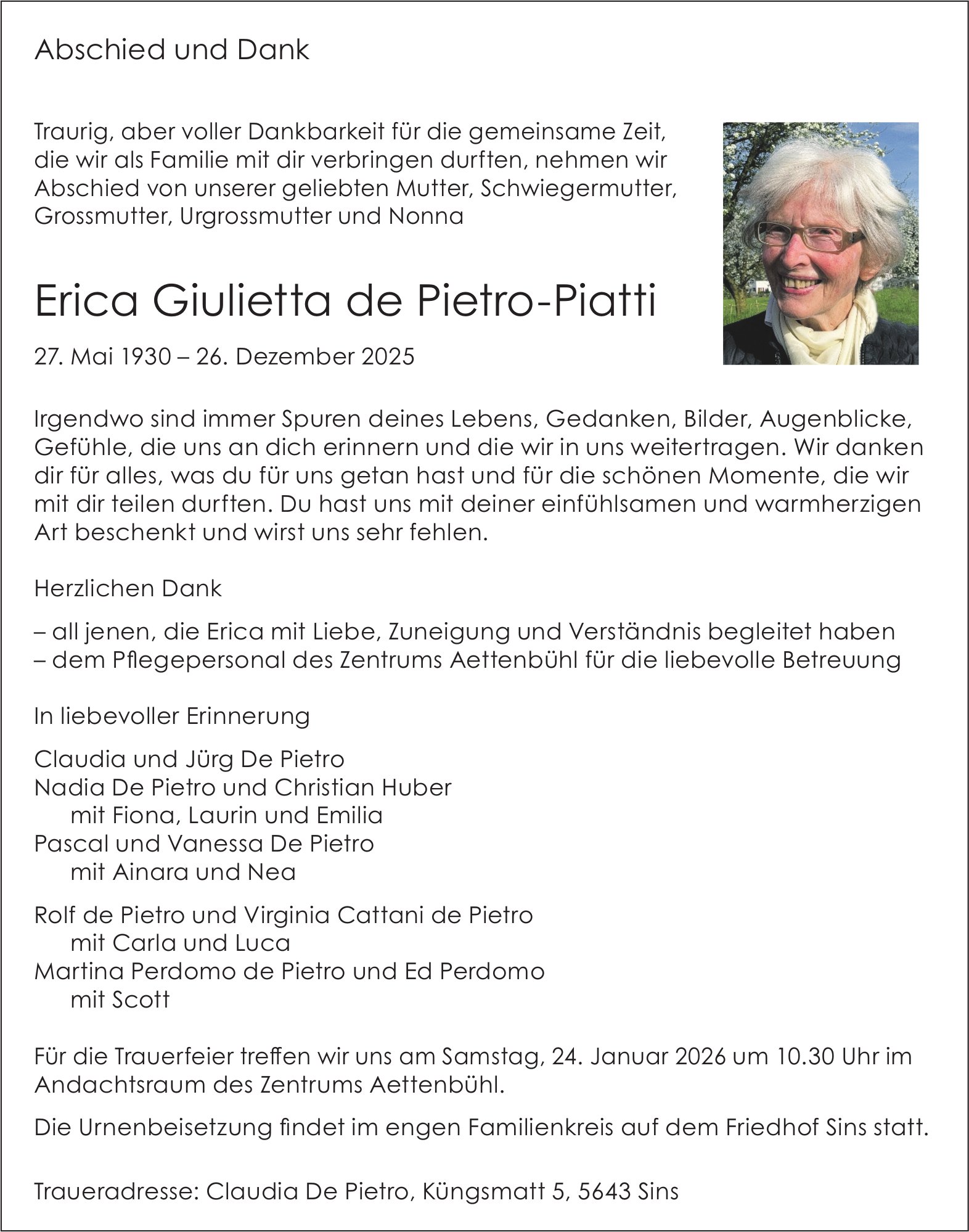 De Pietro-Piatti Erica Giulietta, Dezember 2025 / TA