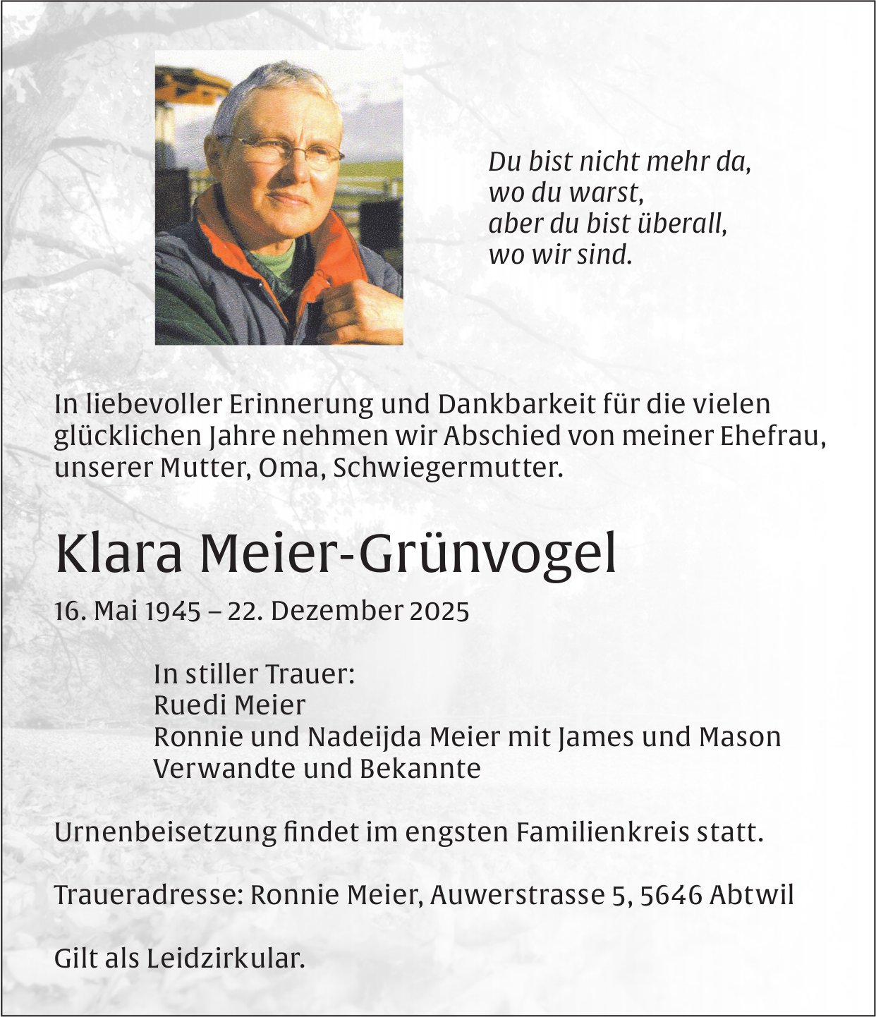Meier-Grünvogel Klara, Dezember 2025 / TA
