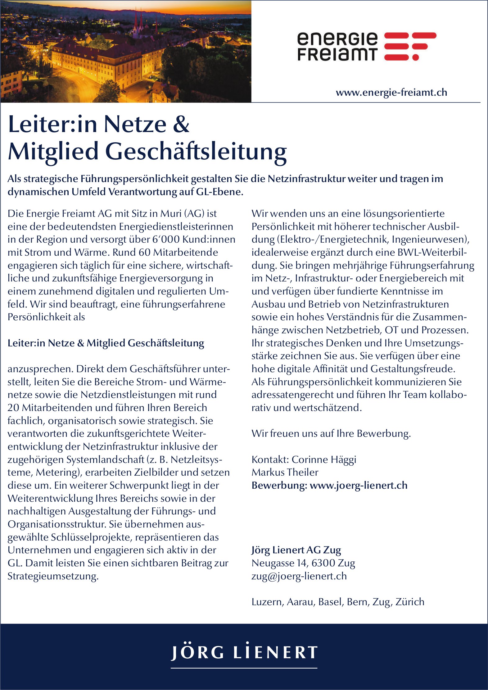 Leiter:in Netze & Mitglied Geschäftsleitung, Jörg Lienert AG Zug, gesucht