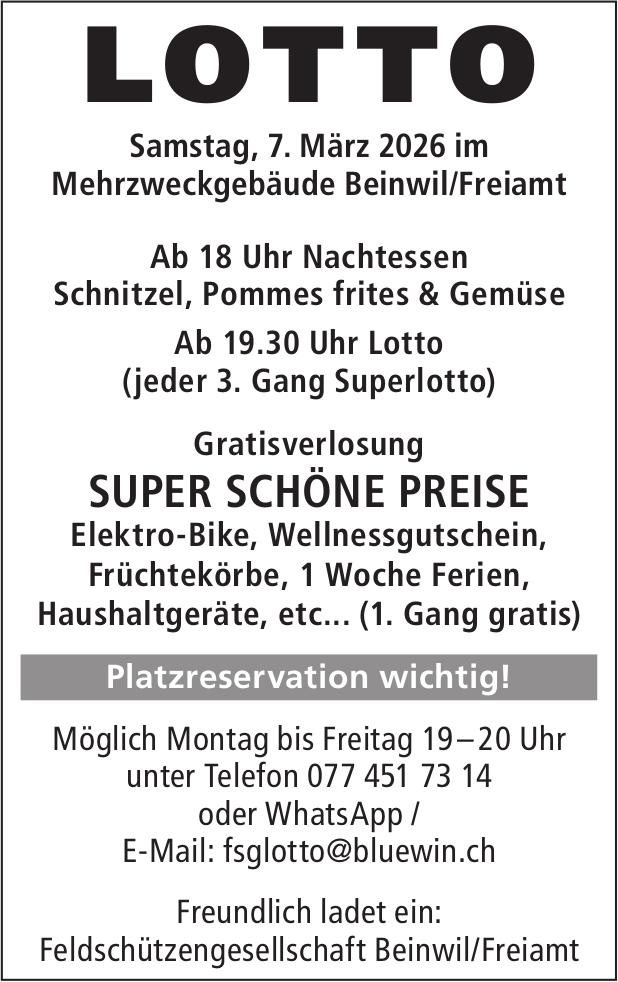 LOTTO, 7. März, Mehrzweckgebäude Beinwil/Freiamt