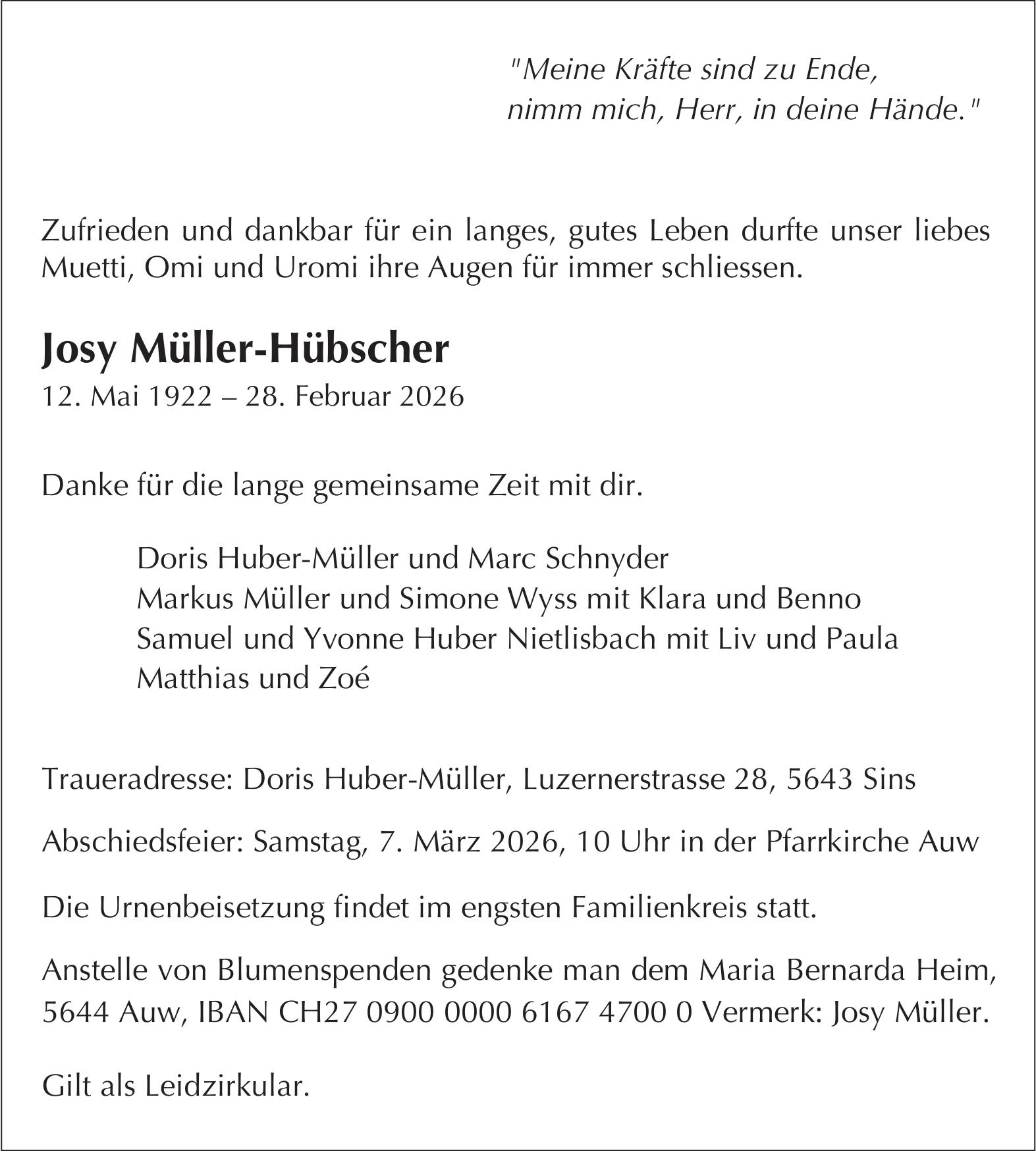 Müller-Hübscher Josy, Februar 2026 / TA