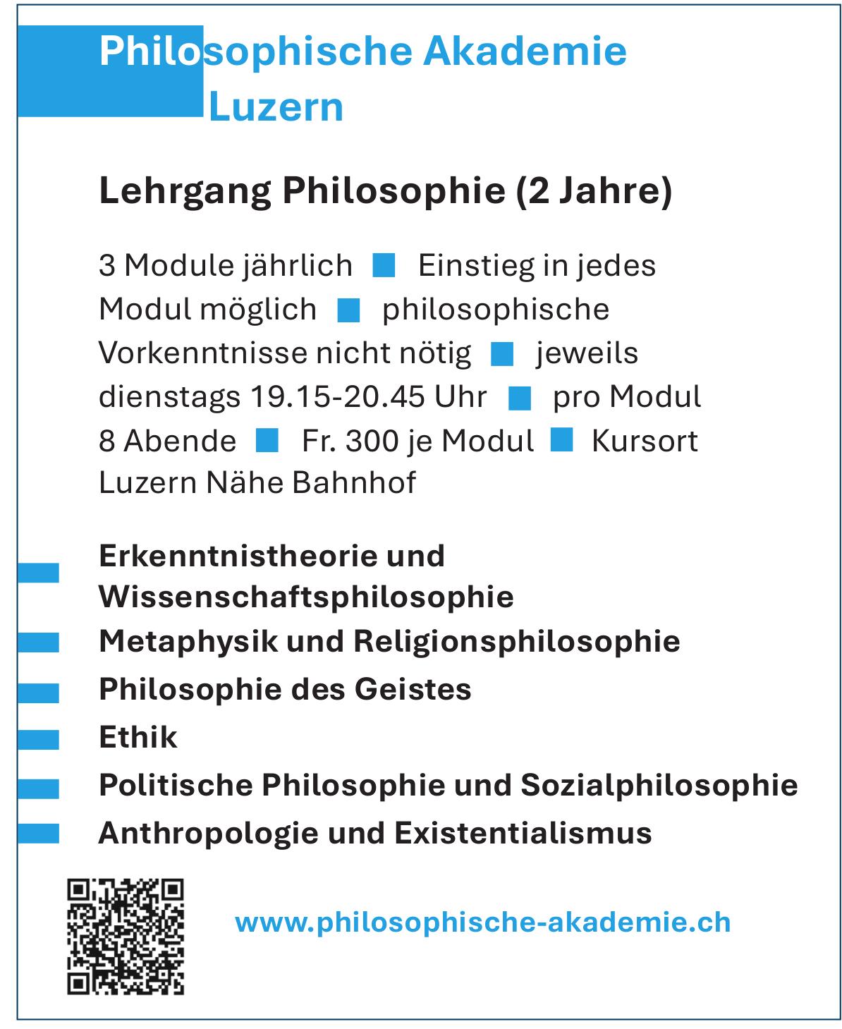 Philosophische Akademie Luzern, Lehrgang Philosophie (2 Jahre)