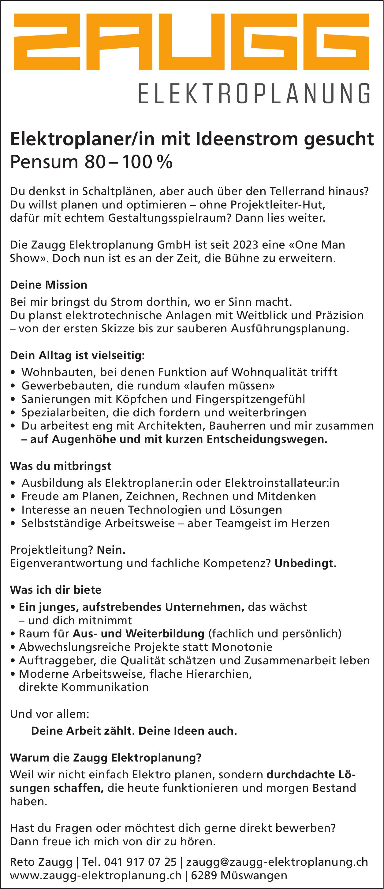 Elektroplaner/in mit Ideenstrom gesucht Pensum 80 – 100 %, Zaugg Elektroplanung GmbH, Müswangen, Gesucht