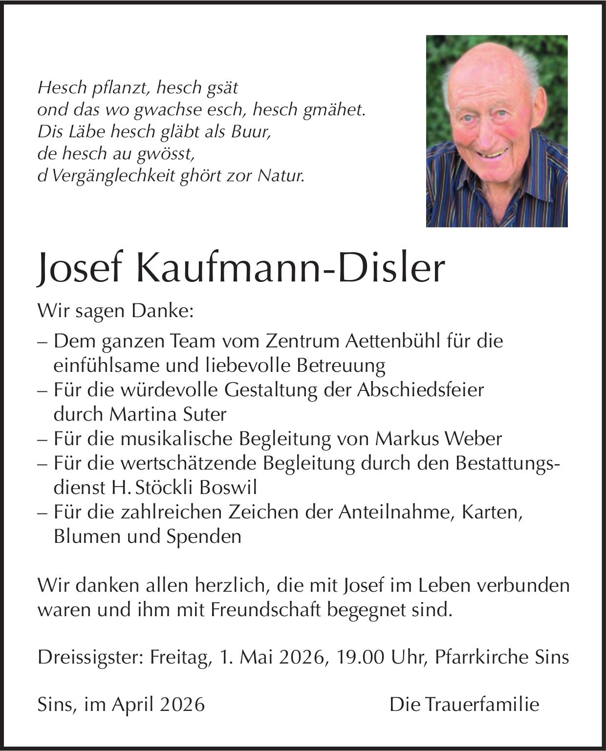 Kaufmann-Disler Josef, im April 2026 / DS