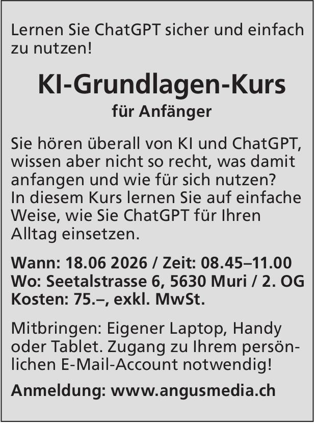 KI-Grundlagen-Kurs für Anfänger, 18. Juni, Muri