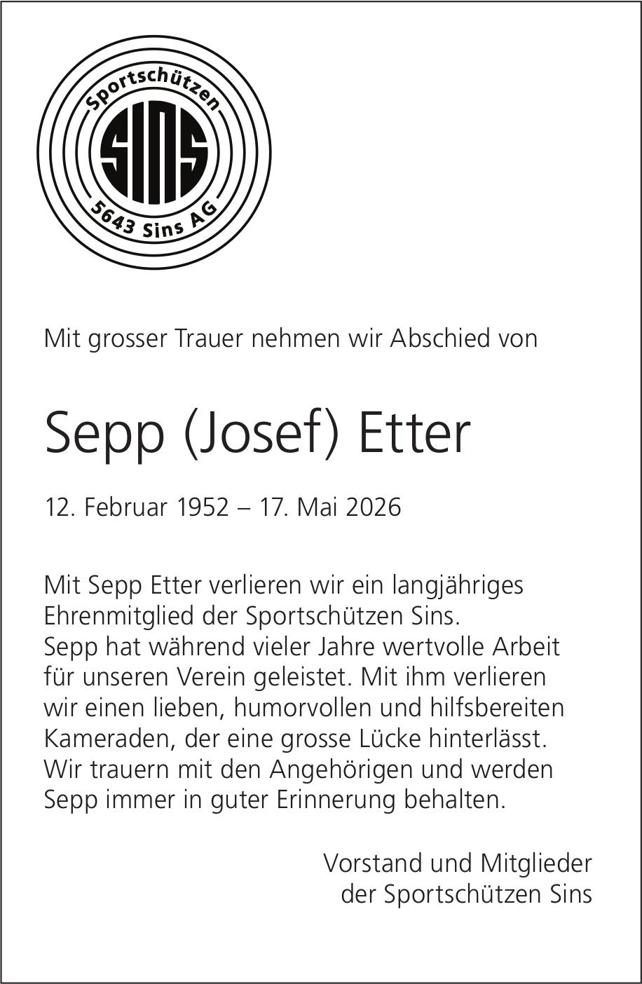 Etter Sepp (Josef), Mai 2026 / TA