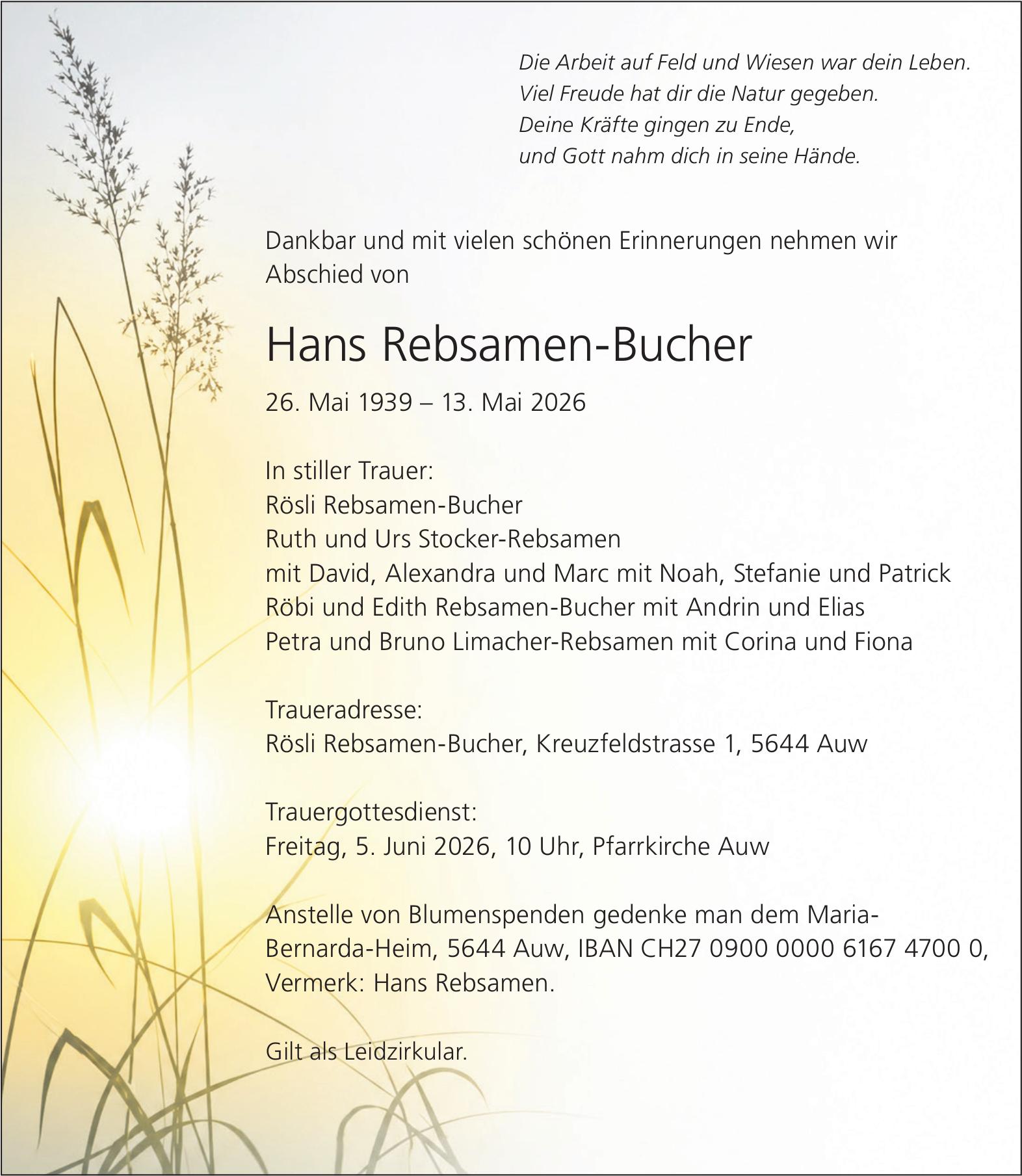 Rebsamen-Bucher Hans, Mai 2026 / TA