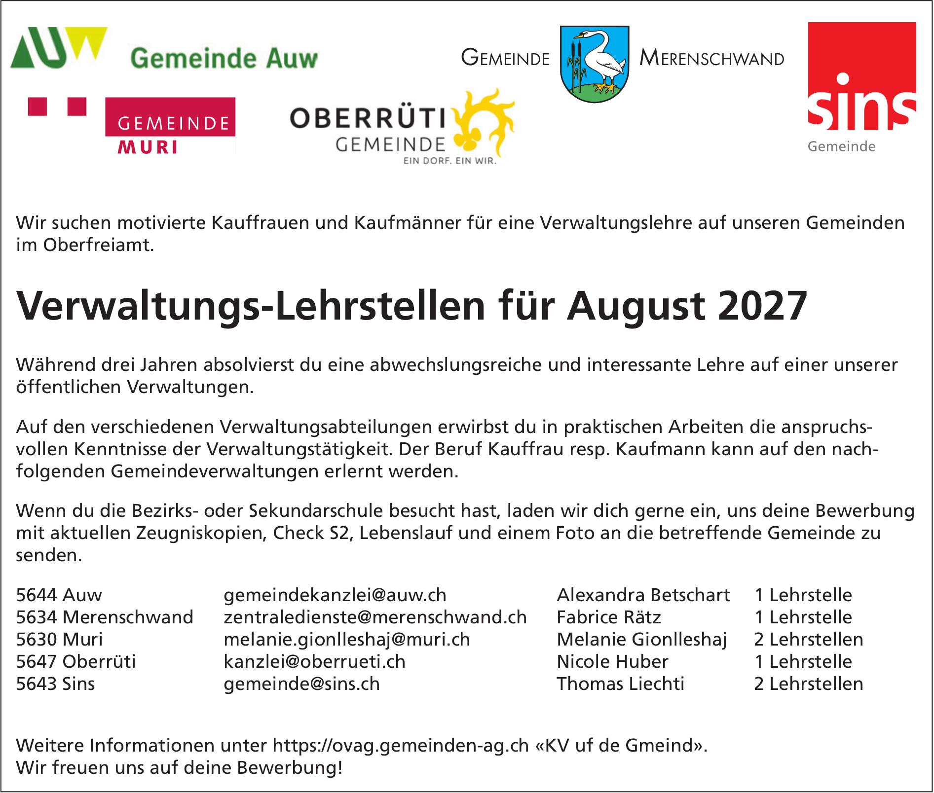 Verwaltungs-Lehrstellen für August 2027, Gemeinde Auw, zu vergeben