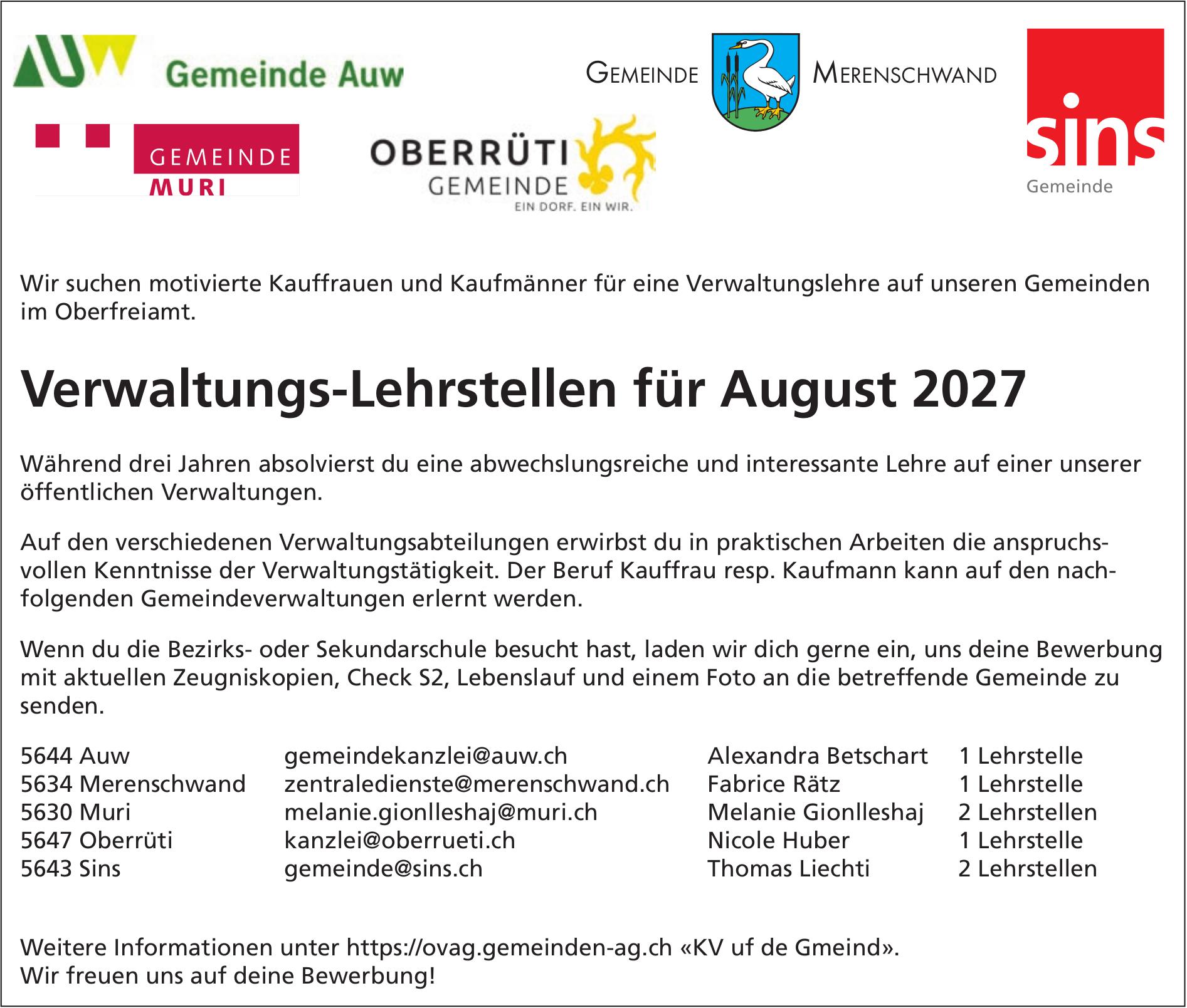 Verwaltungs-Lehrstellen für August 2027, Auw / Merenschwand / Muri / Oberrüti / Sins, zu vergeben