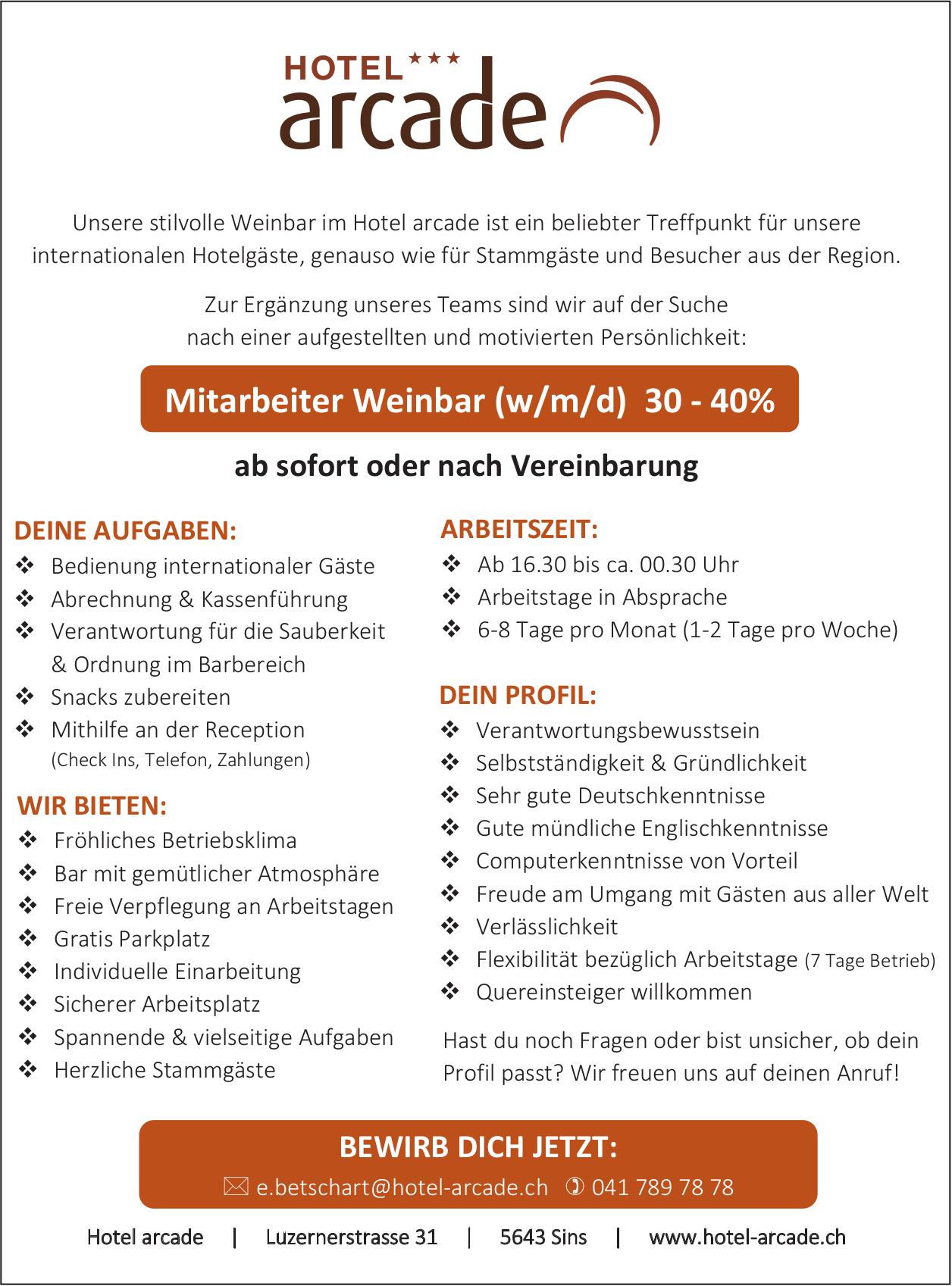 Mitarbeiter Weinbar (w/m/d) 30 - 40%, Hotel arcade, Sins, Gesucht