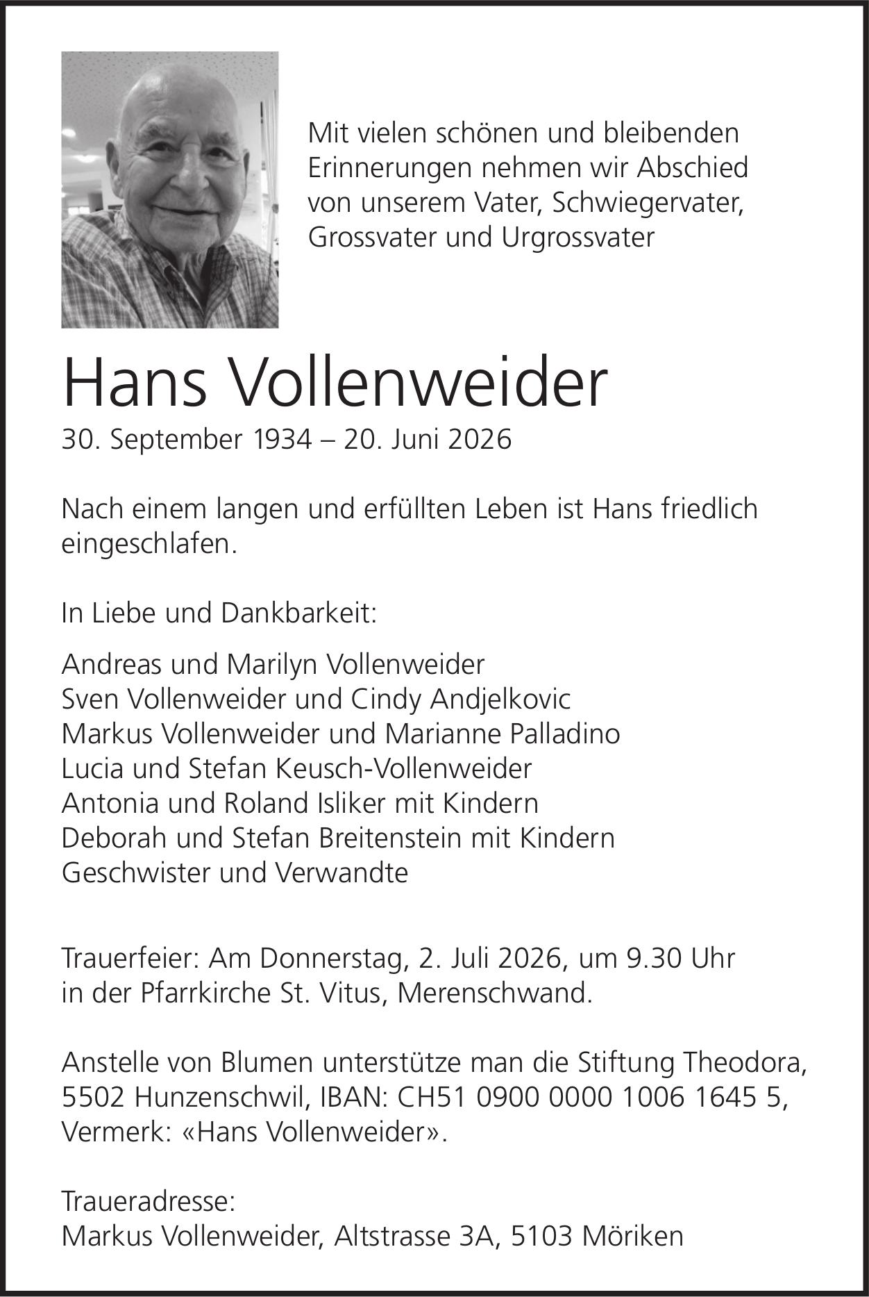 Vollenweider Hans, Juni 2026 / TA
