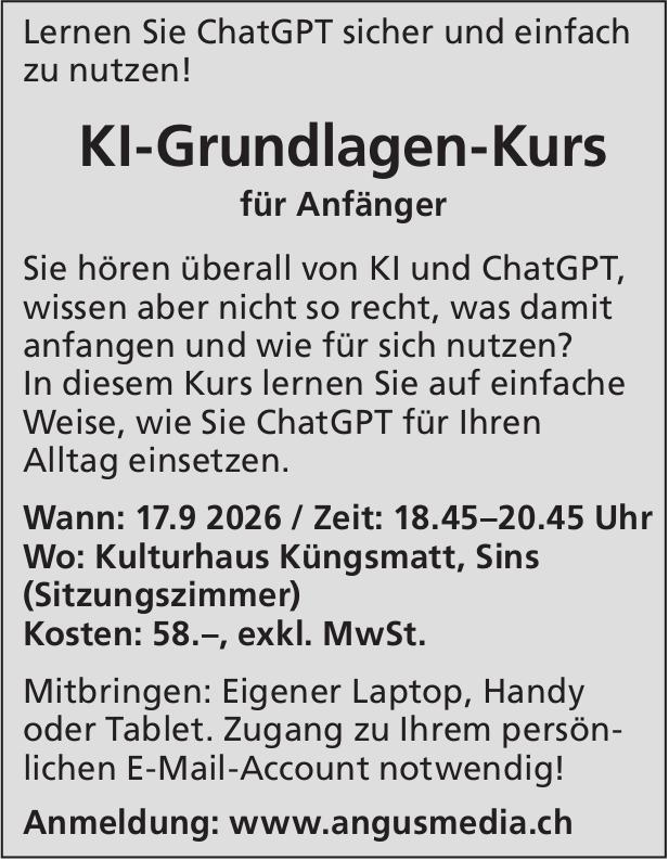 KI-Grundlagen-Kurs, 17. September, Kulturhaus Küngsmatt, Sins
