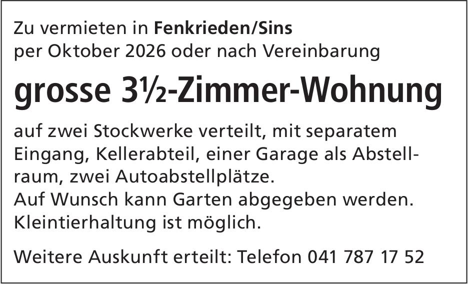 Grosse 3½-Zimmer-Wohnung, Fenkrieden/Sins, zu vermieten