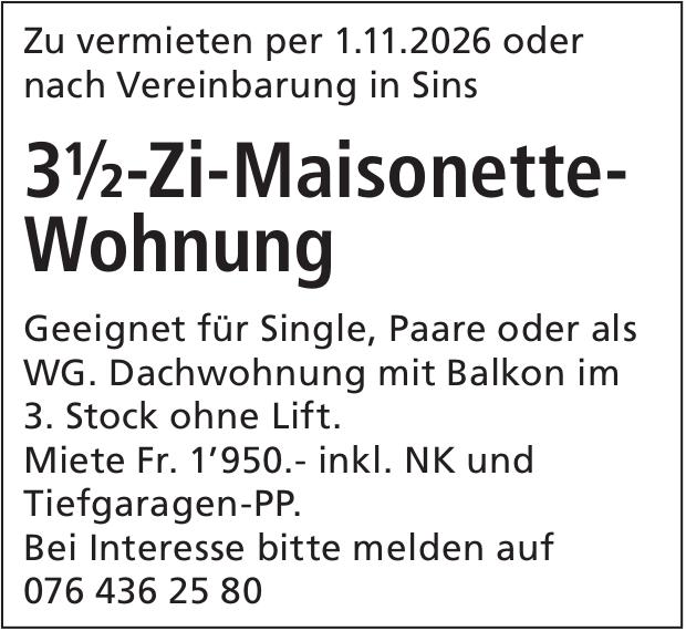 3½-Zi-Maisonette-Wohnung, Sins, zu vermieten