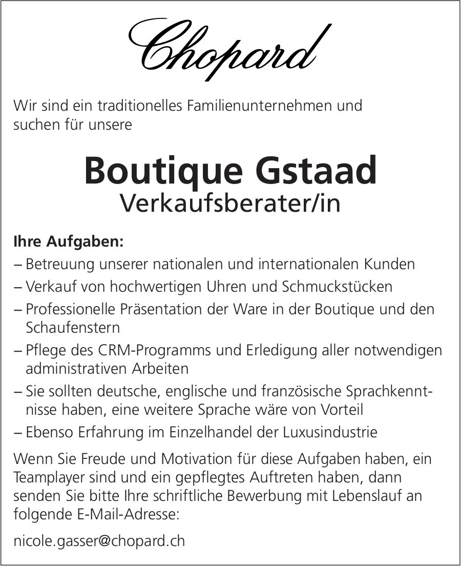 Verkaufsberater in Chopard Boutique Gstaad gesucht