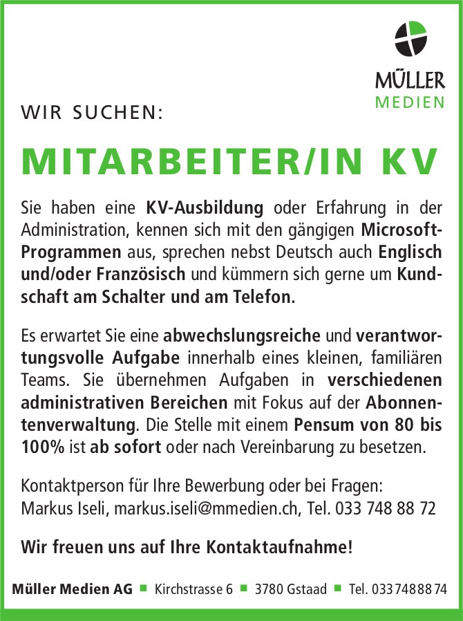 Mitarbeiter/in KV, Müller Medien AG, Gstaad, gesucht