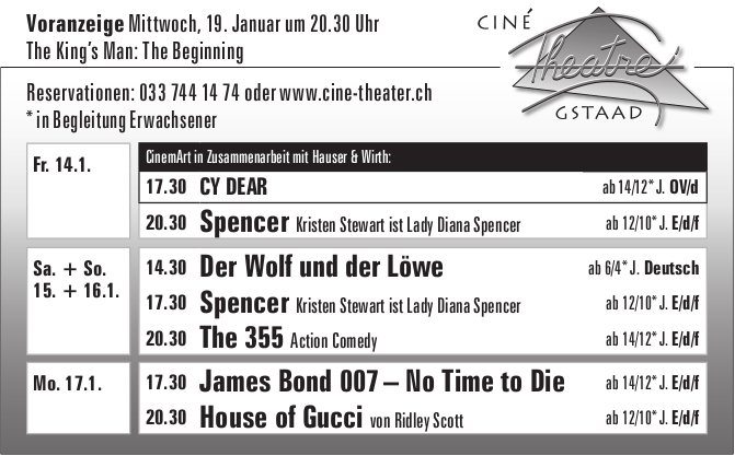 Kinoprogramm, 14. - 17. Januar, Ciné Theatre, Gstaad