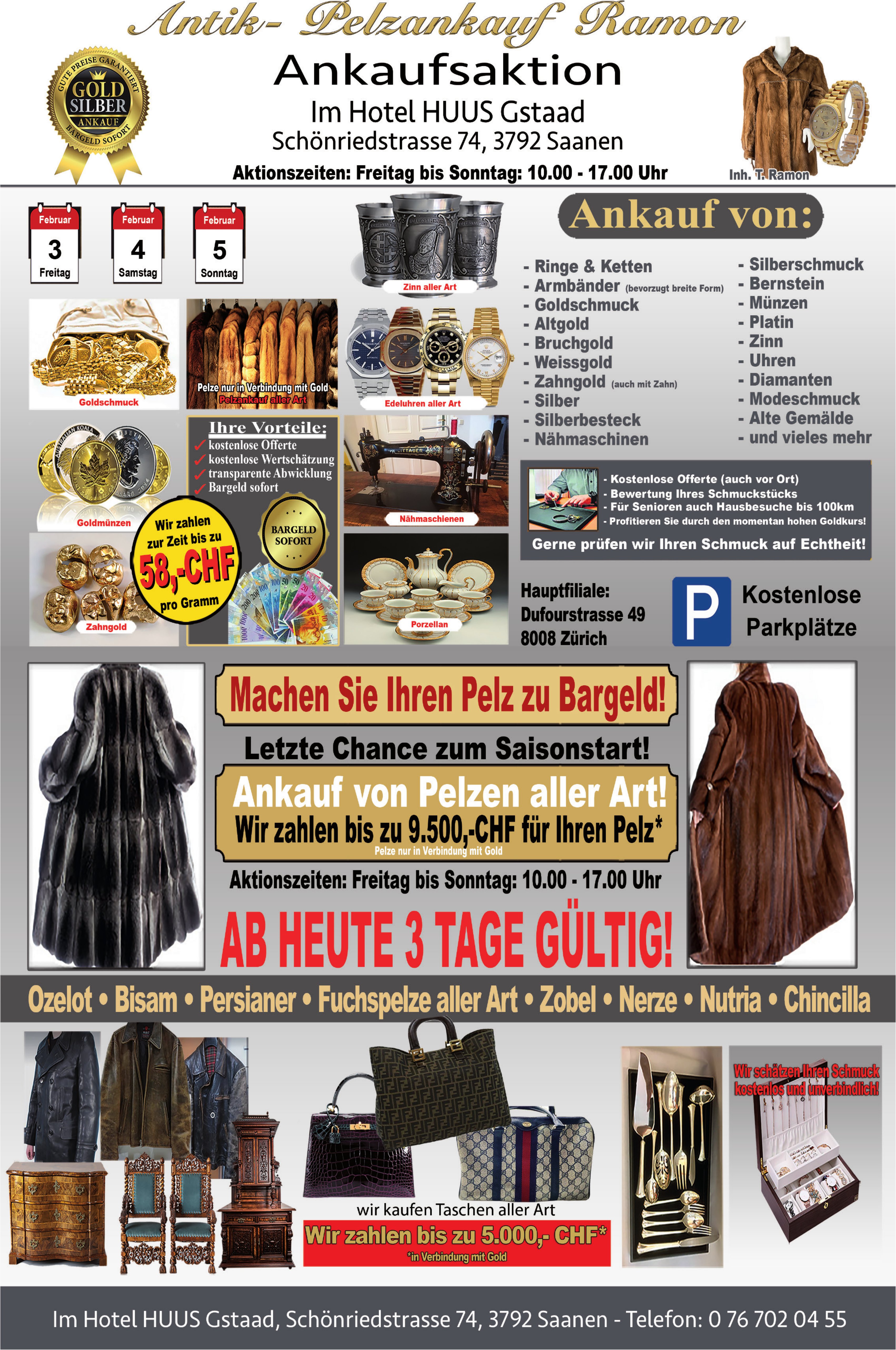 Ankaufsaktion Antik- und Pelzankauf Ramon, 3. - 5. Februar, Hotel Huus Gstaad, Saanen