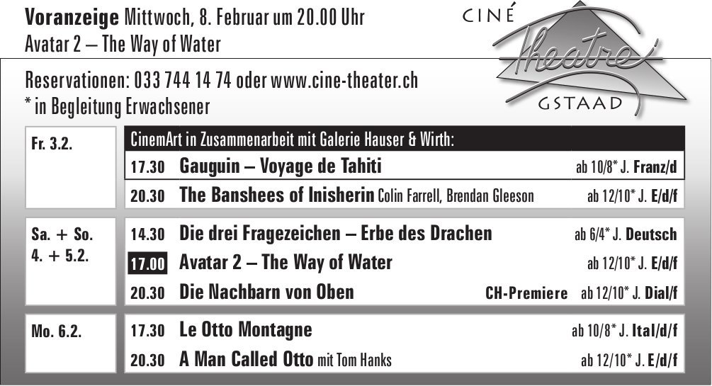 Kinoprogramm, 3. - 8. Februar, Ciné Theatre, Gstaad