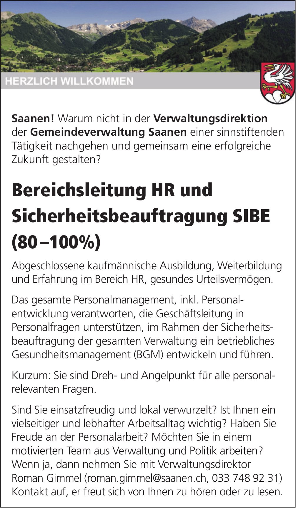 Bereichsleitung HR und Sicherheitsbeauftragung SIBE (80 –100%), Gemeindeverwaltung, Saanen, gesucht