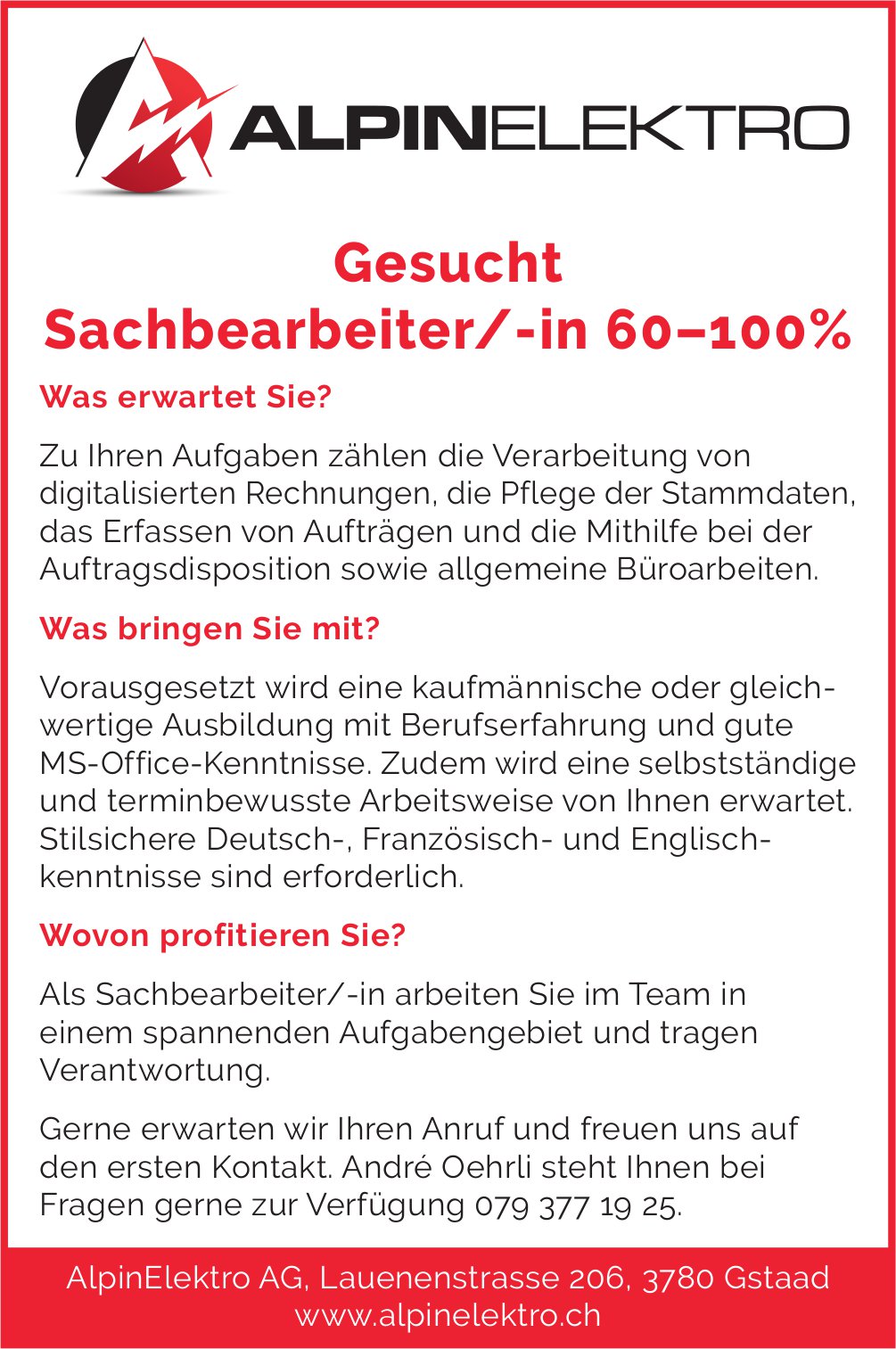 Sachbearbeiter/-in 60–100%, AlpinElektro AG, Gstaad, gesucht