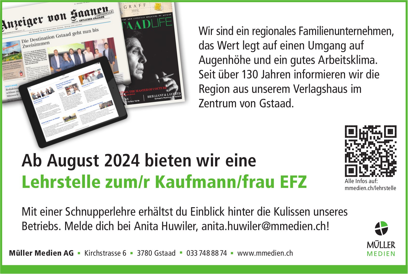 Lehrstelle zum/r Kaufmann/frau EFZ, Müller Medien AG, Gstaad, zu vergeben