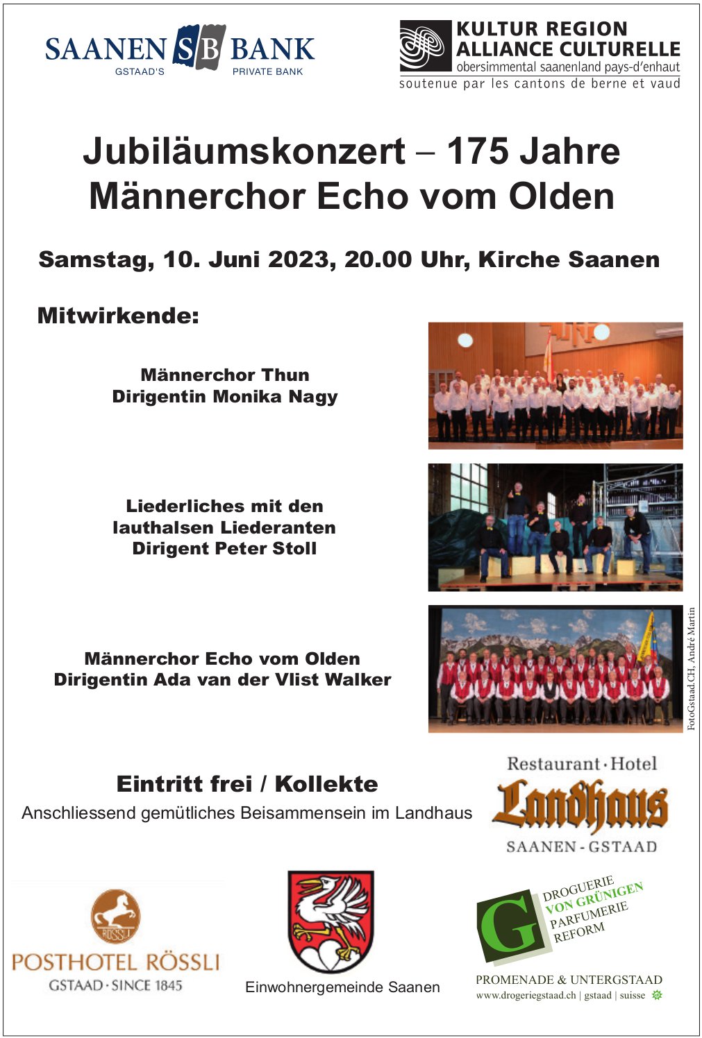 Jubiläumskonzert - 175 Jahre Männerchor Echo vom Olden, 10. Juni, Kirche, Saanen