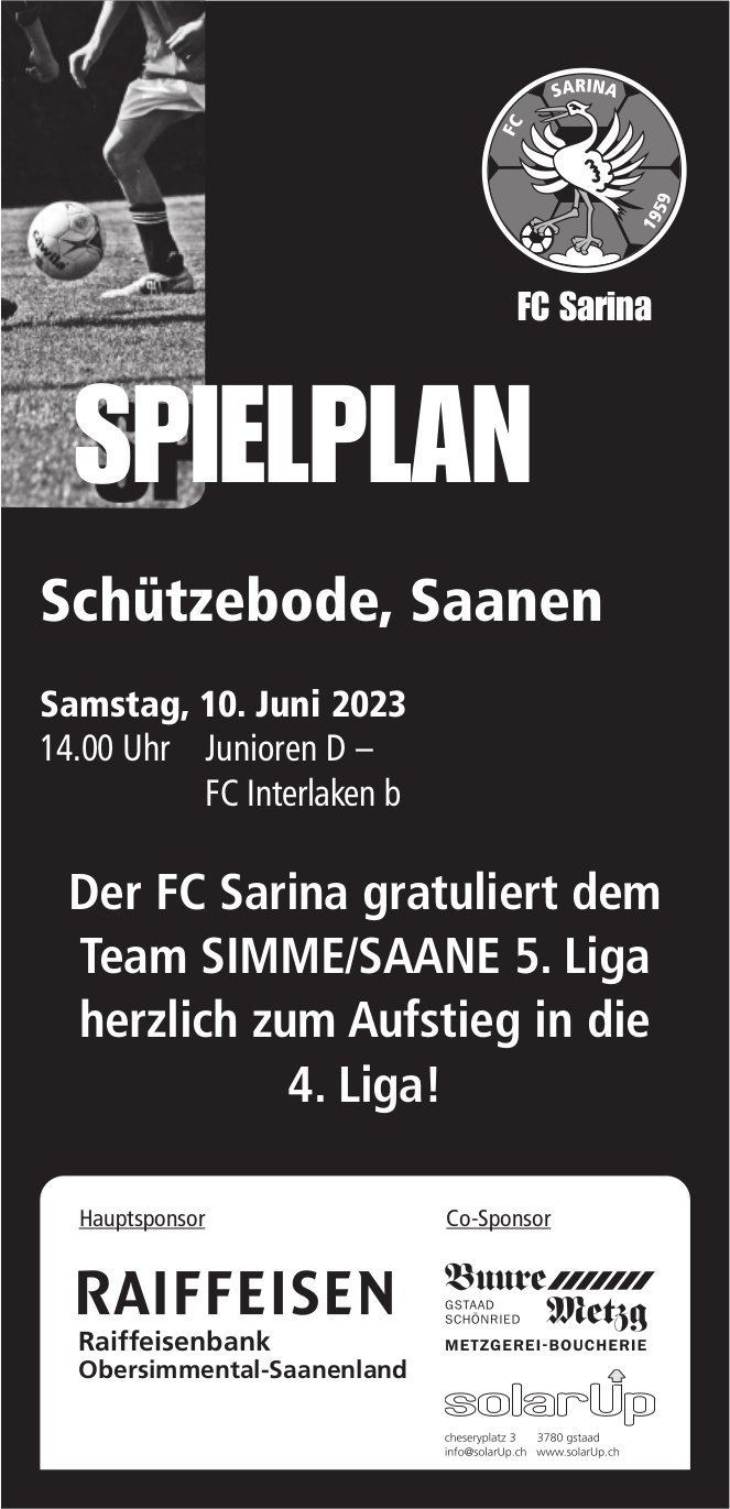 Spielplan FC Sarina, 10. Juni, Schützebode, Saanen