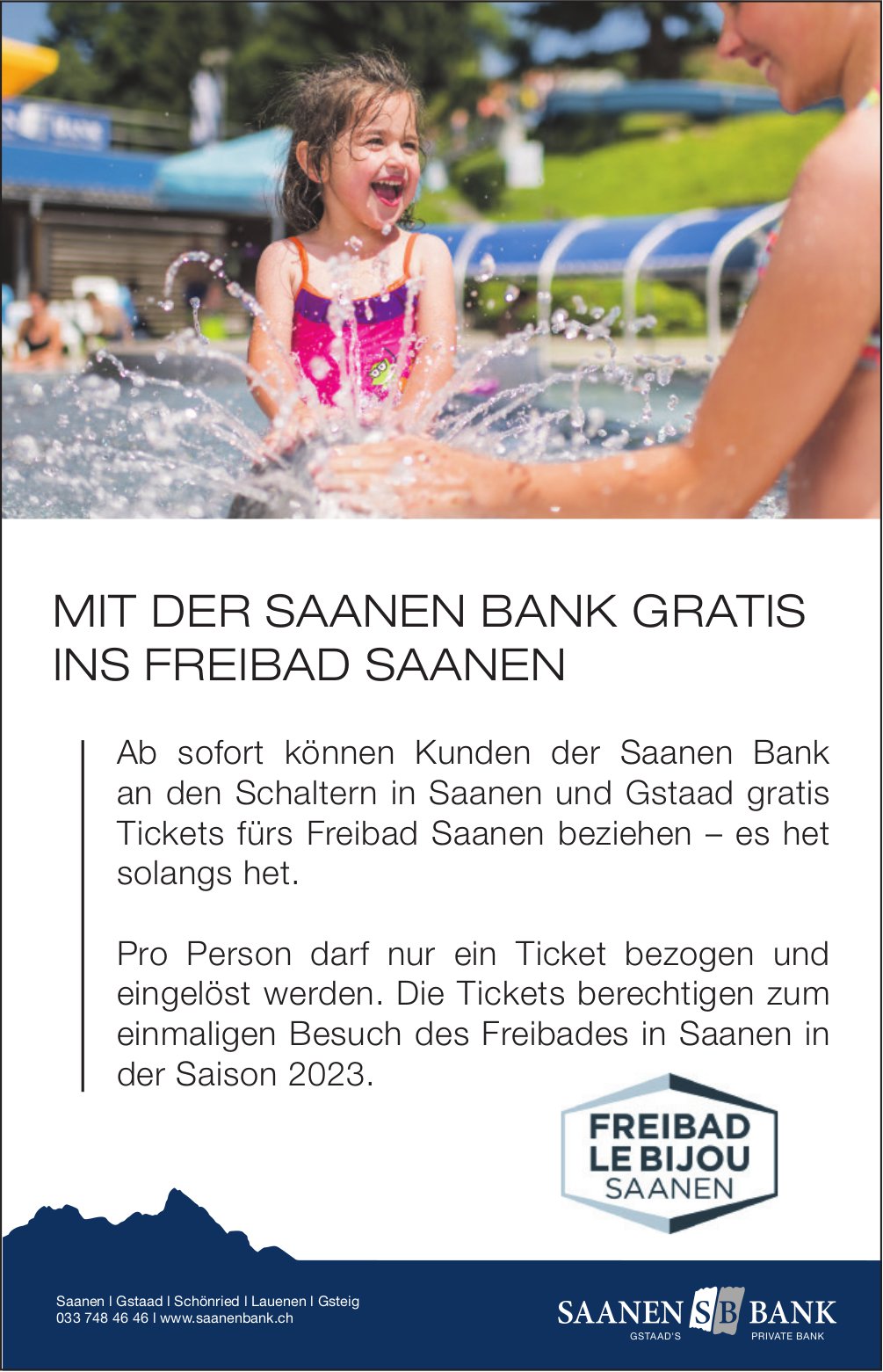Saanen Bank, Gstaad - Mit der Saanen Bank gratis ins Freibad Saanen