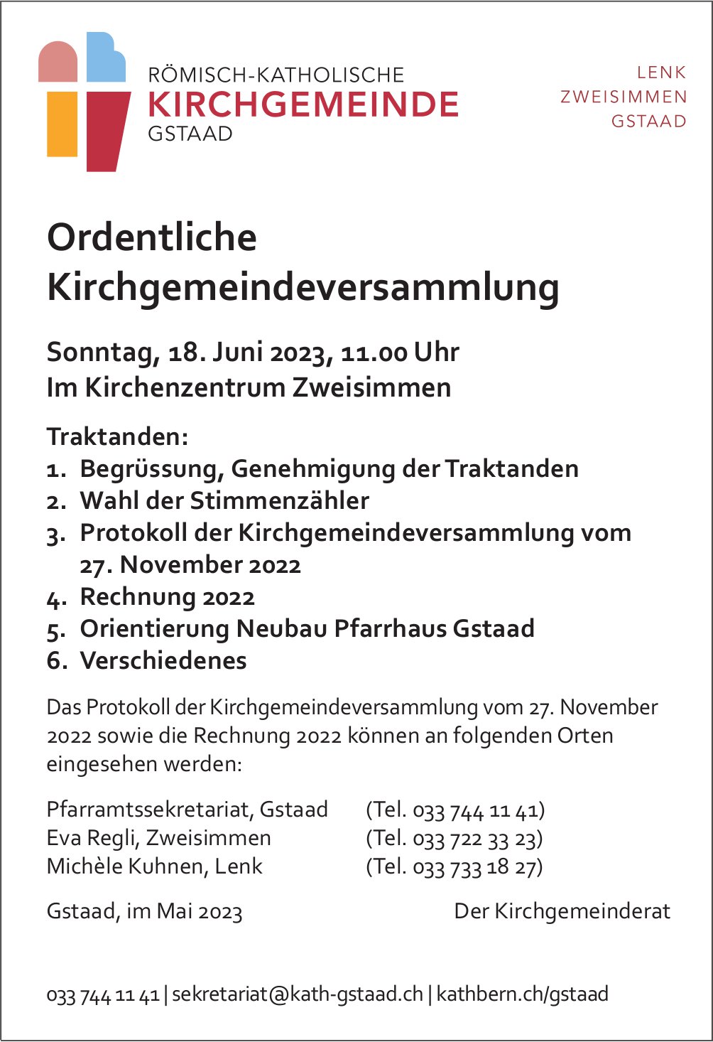Ordentliche Kirchgemeindeversammlung, 18. Juni, Kirchenzentrum, Zweisimmen