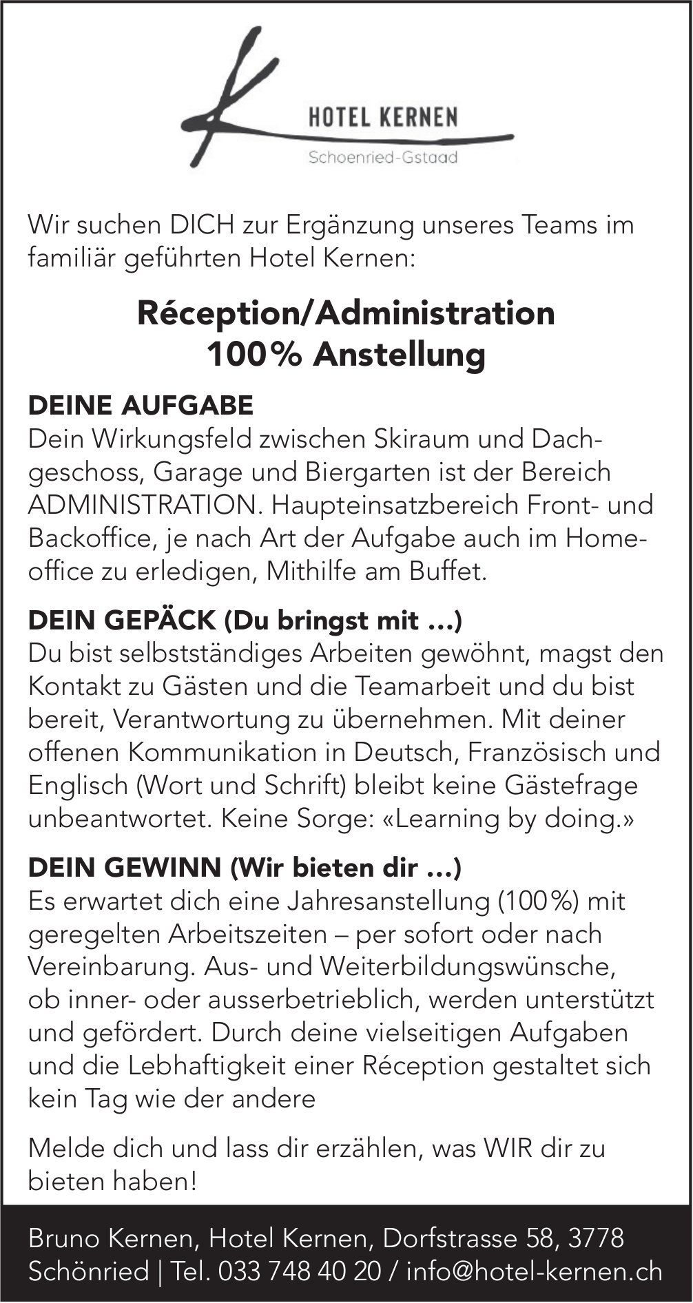 Réception/Administration 100%, Hotel Kernen, Schönried, gesucht