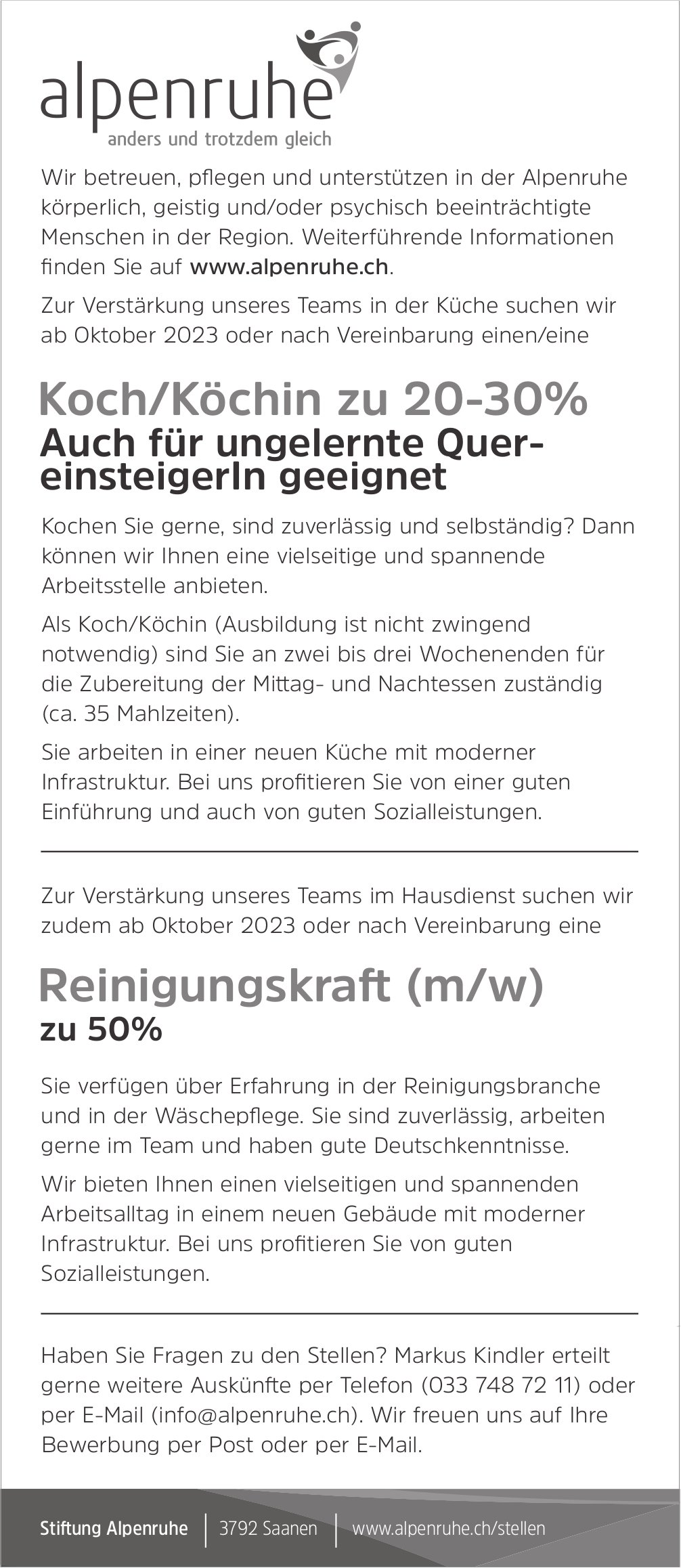 Koch/Köchin zu 20-30% & Reinigungskraft (m/w), Stiftung Alpenruhe, Saanen, gesucht