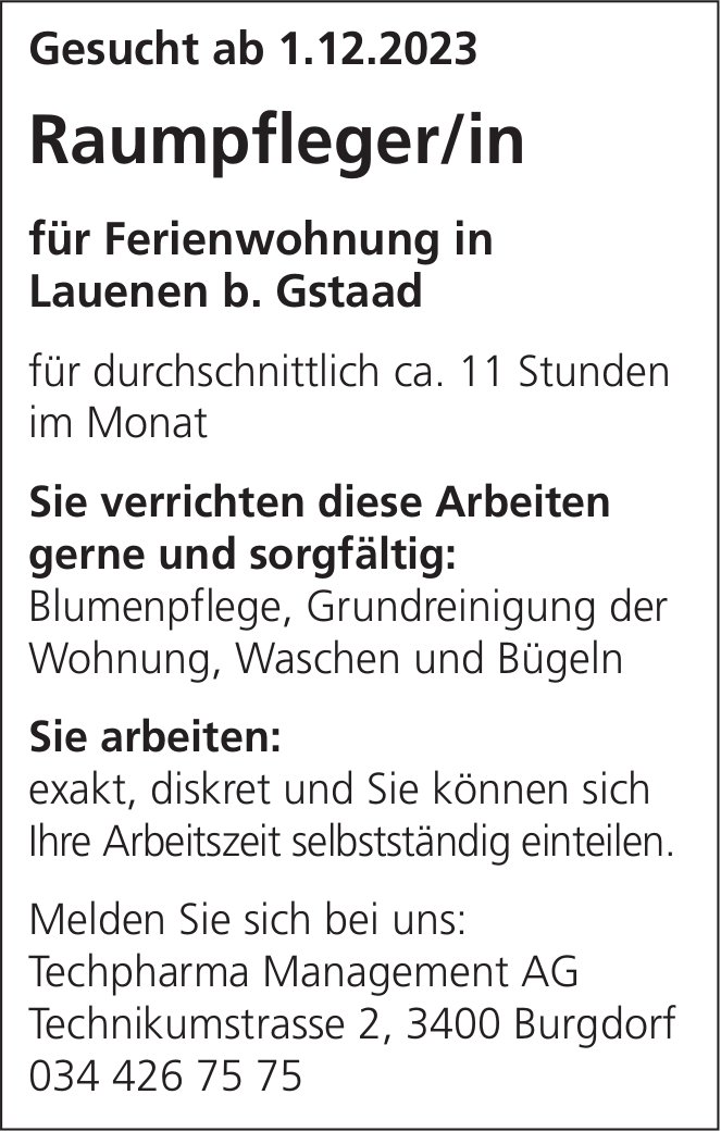 Raumpfleger/in, Ferienwohnung, Lauenen b. Gstaad, gesucht