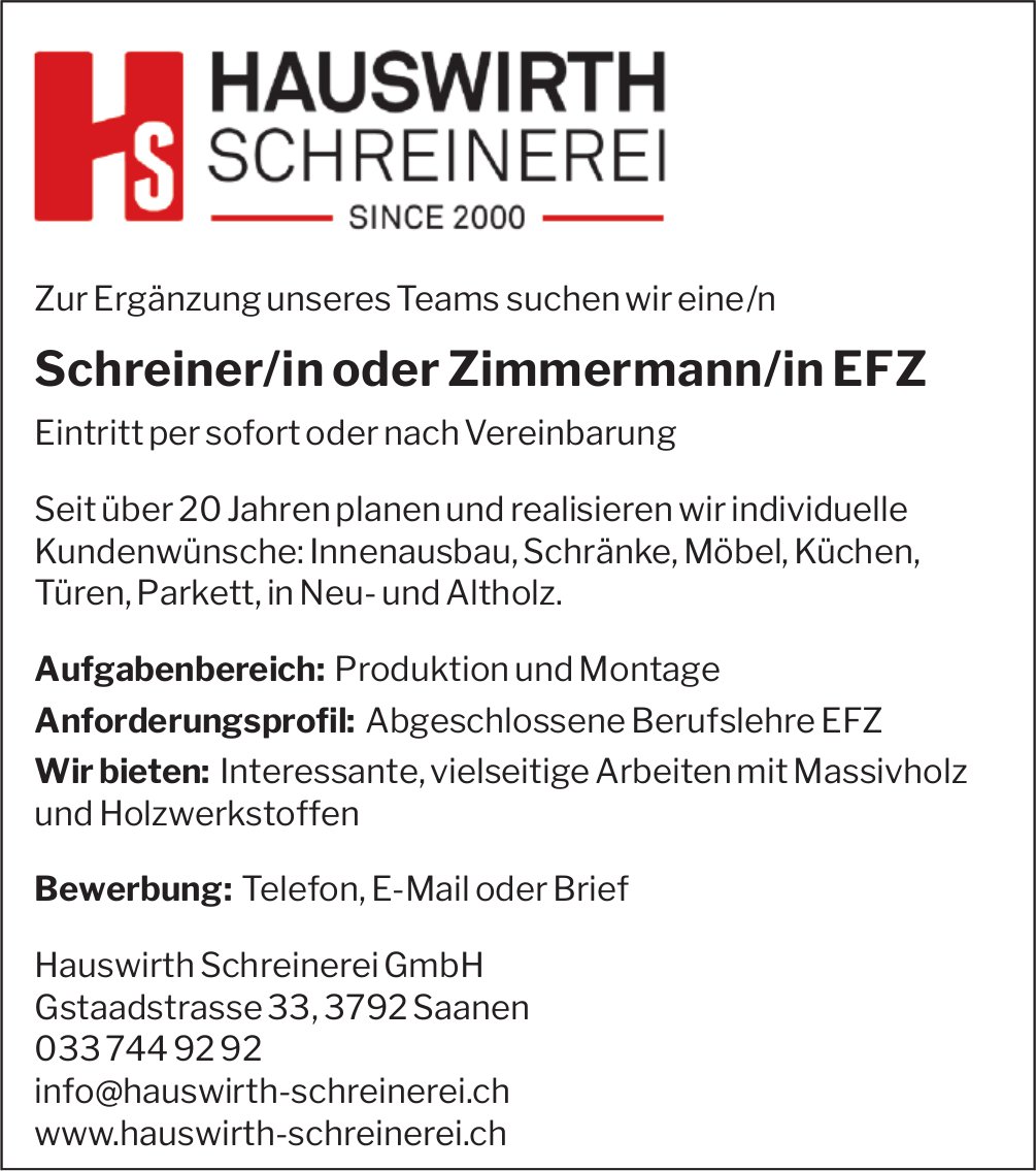 Schreiner/in oder Zimmermann/in EFZ, Hauswirth Schreinerei GmbH, Saanen, gesucht