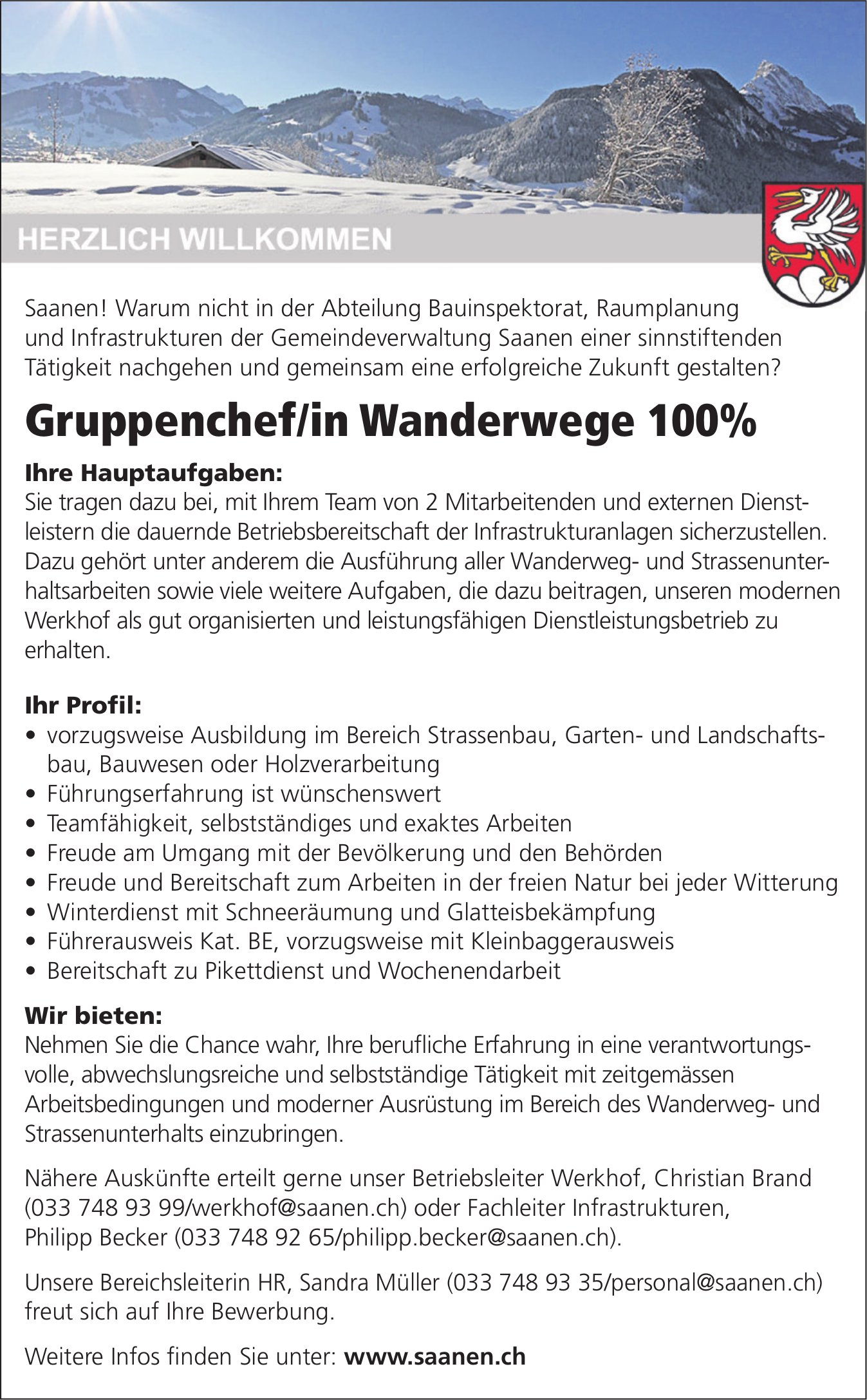 Gruppenchef/in Wanderwege 100%, Gemeindeverwaltung, Saanen, gesucht