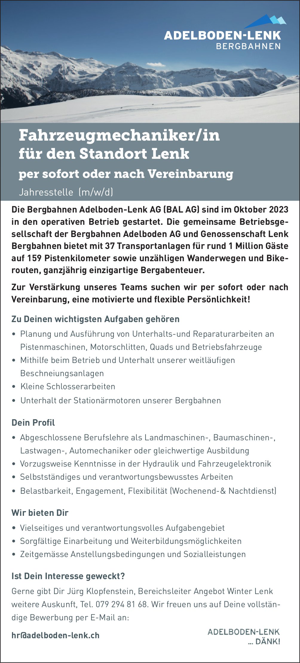 Fahrzeugmechaniker/in, Bergbahnen Adelboden-Lenk AG, gesucht