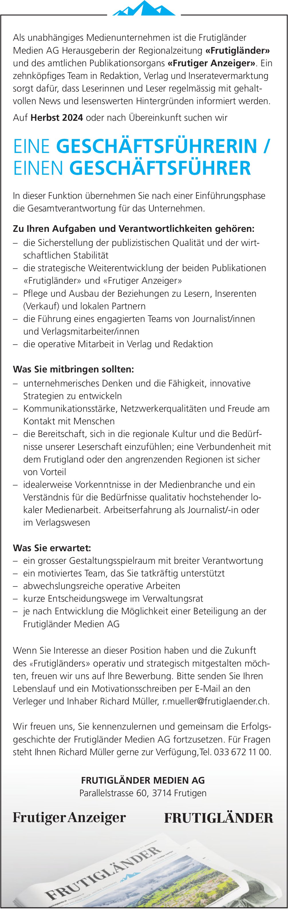 Geschäftsführerin / Geschäftsführer, Frutigländer Medien AG, Frutigen, gesucht