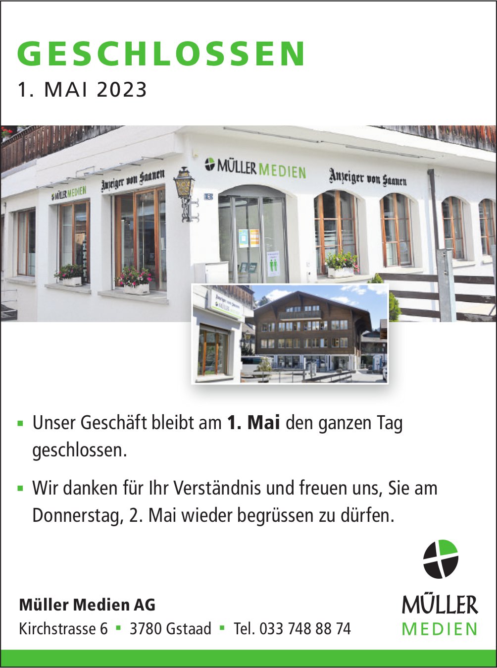 Müller Medien AG, Gstaad - Geschlossen 1. Mai 2024