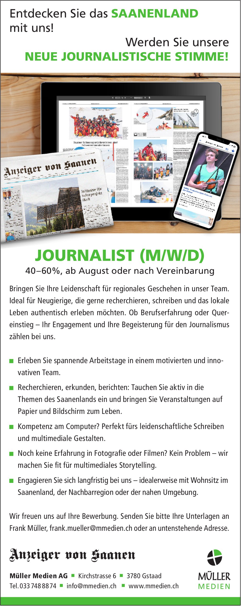Journalist (m/w/d), Müller Medien AG, Gstaad, Gesucht