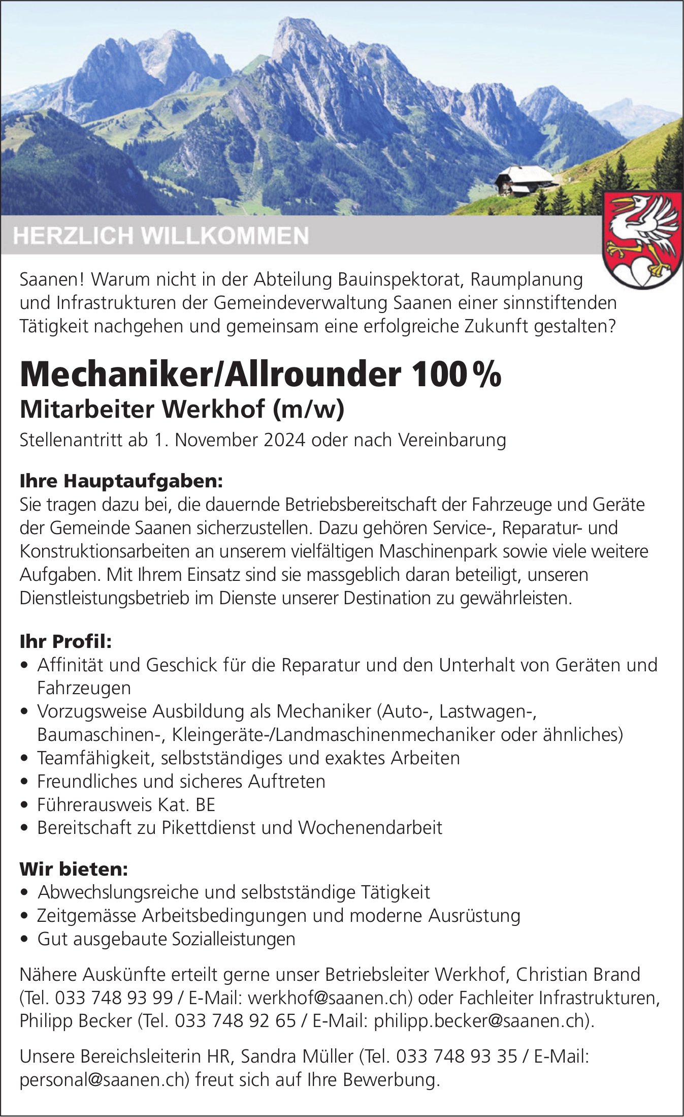 Mechaniker/Allrounder 100%, Gemeindeverwaltung, Saanen, gesucht