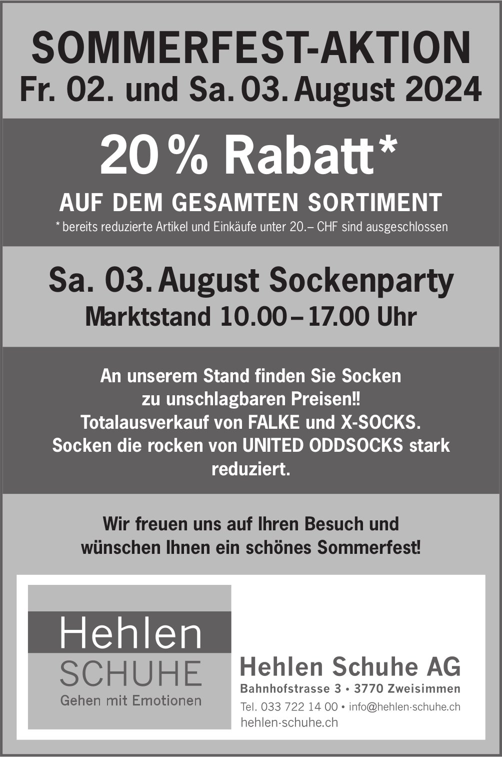 Sommerfest-Aktion & Sockenparty, 2. - 3. August, Hehlen Schuhe AG, Zweisimmen