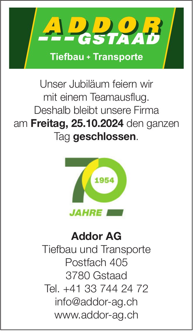 Addor AG Tiefbau und Transporte, Gstaad - Unser Jubiläum feiern wir mit einem Teamausflug.