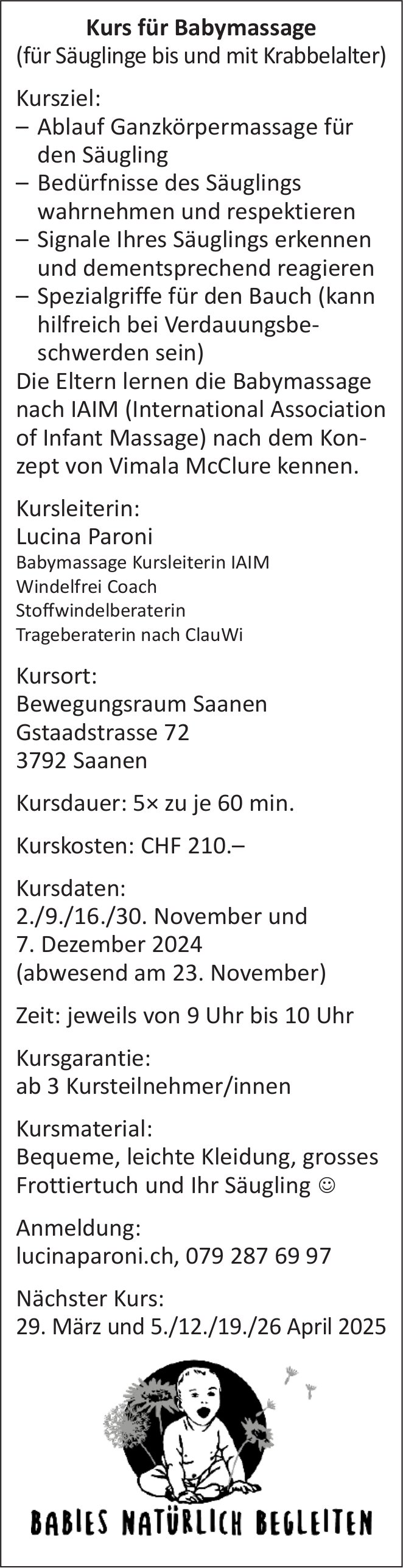 Kurs für Babymassage, ab 2. November, Bewegungsraum, Saanen